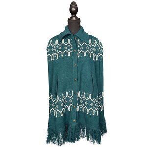 Vintage 70s Button Front Knit Cape Jacket – Teal Fringe Sweater Poncho, Retro
